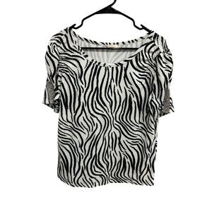 Como Blu Womens Zebra Print Top Glitter Ruched Sleeve Blouse Size L Glam Safari